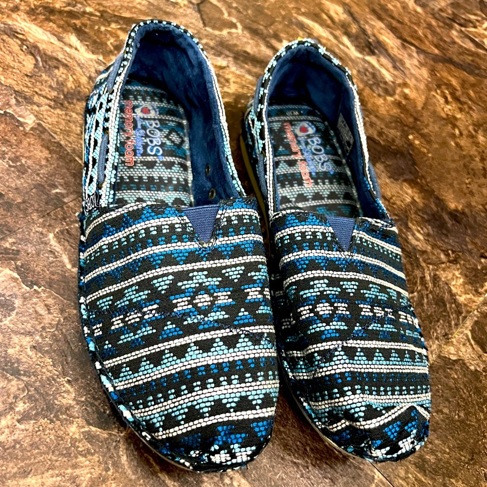 Skechers BOBS shades of blue Aztec design shoes